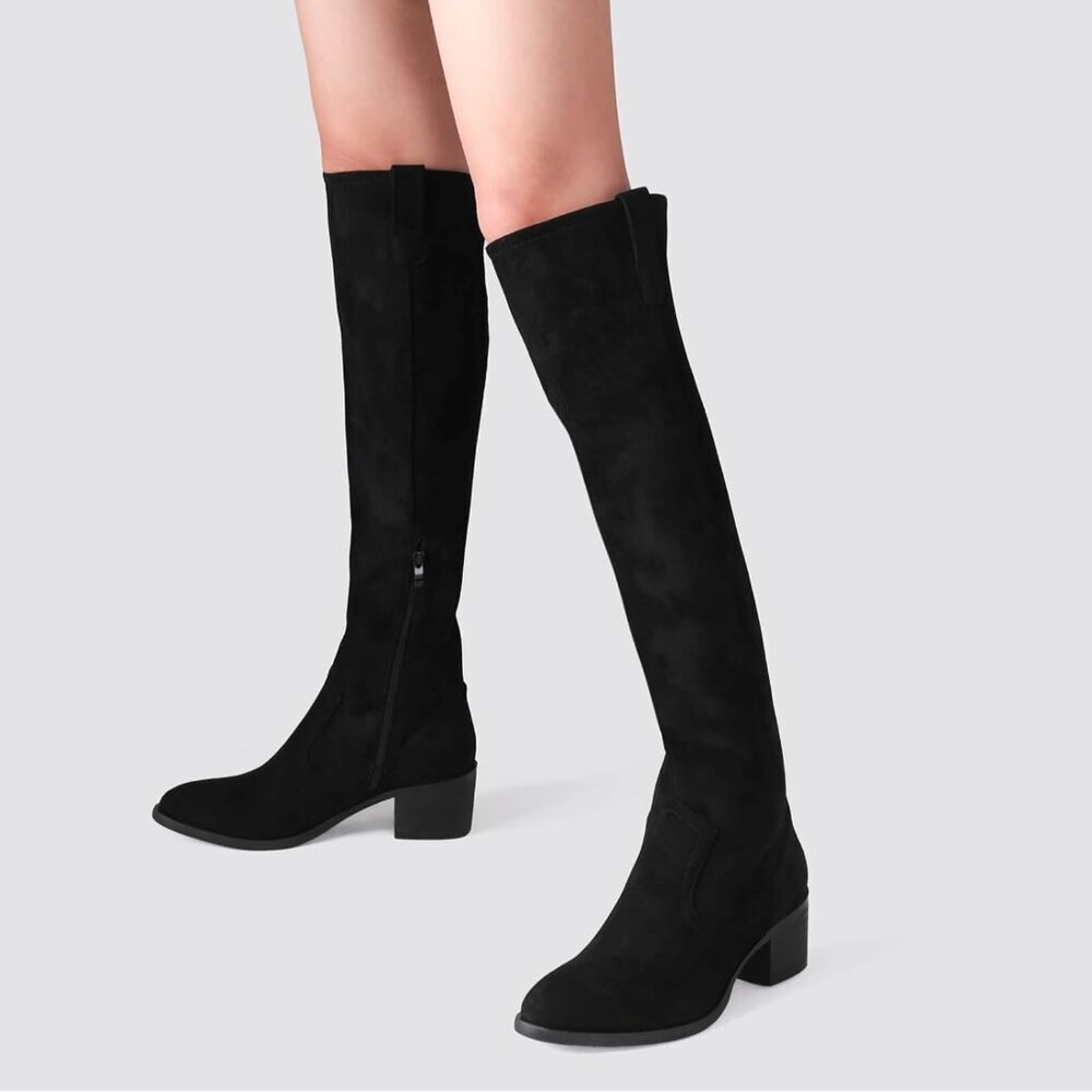 🆕Women's Black Faux Suede Over The Knee Thigh High Chunky Heel Pointed Toe Boot - Picture 6 of 11